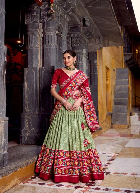 Green Colour Tussar Silk With Ikkat Print Lehenga With Blouse Dupatta LNB 1246